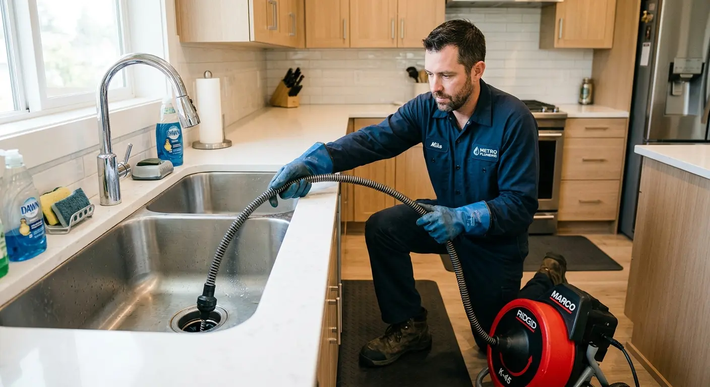 Drain cleaning technician using a motorized snake on a kitchen sink in Midway