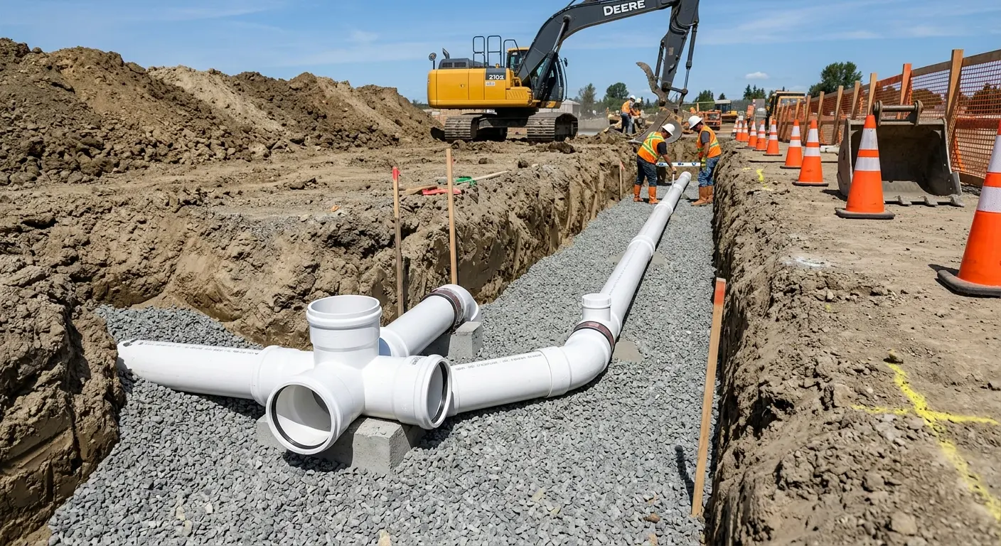 New PVC sewer pipe installation in open trench for Grease Trap Cleaning in Midway
