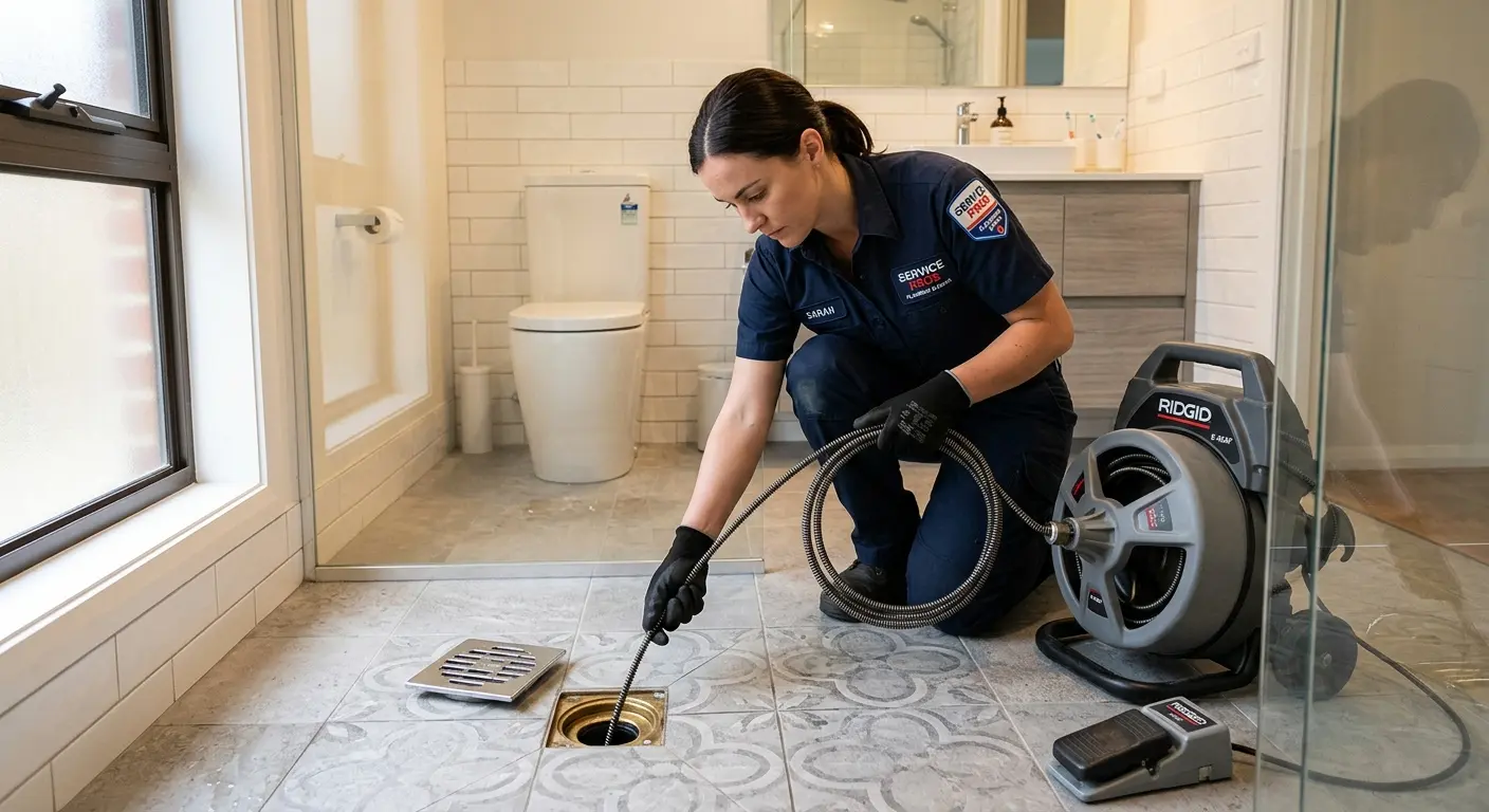 Technician clearing a bathroom floor drain for Sewer Line Installation in Midway